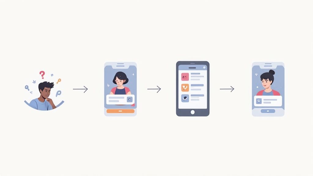 A sequence of app store screenshots for a meditation app, arranged like a storyboard, showing a user's journey from stressed to calm.