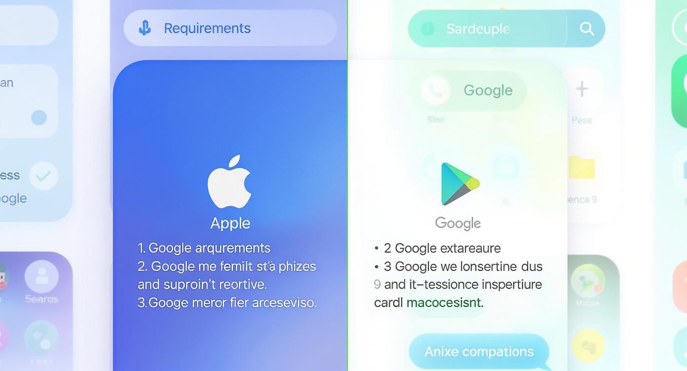 Two mobile app screens showcasing Apple and Google Play store requirements with text and logos.