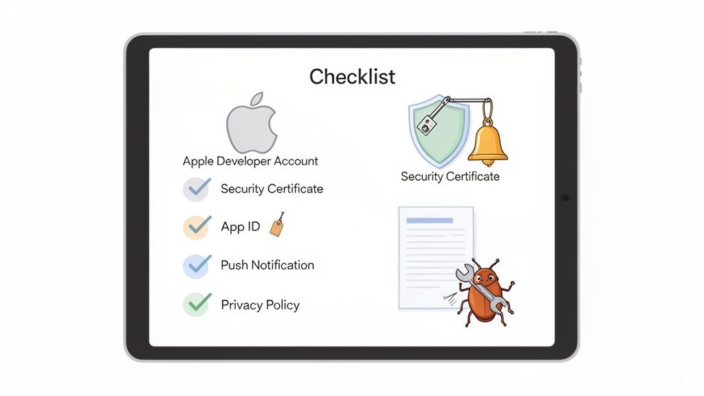An iPad displaying a checklist for app development with items like Apple Developer Account and Security Certificate.