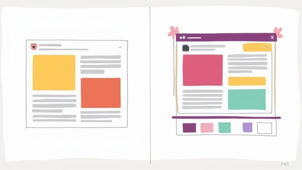 Illustrations of web browser windows with content layouts, featuring colorful blocks and text elements.