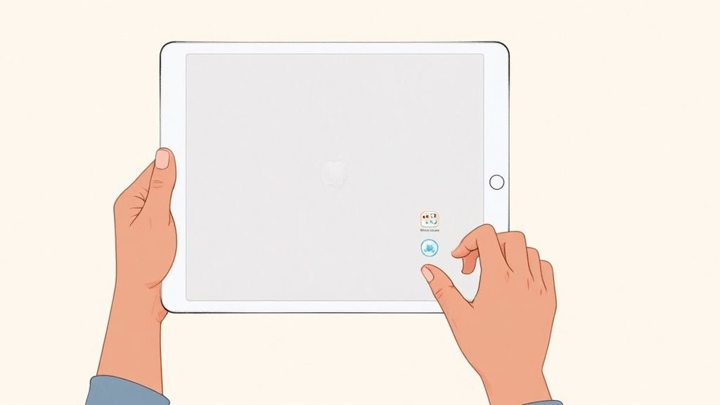 An iPad without a home button, illustrating the Top and Volume Up buttons being pressed to take a screenshot.