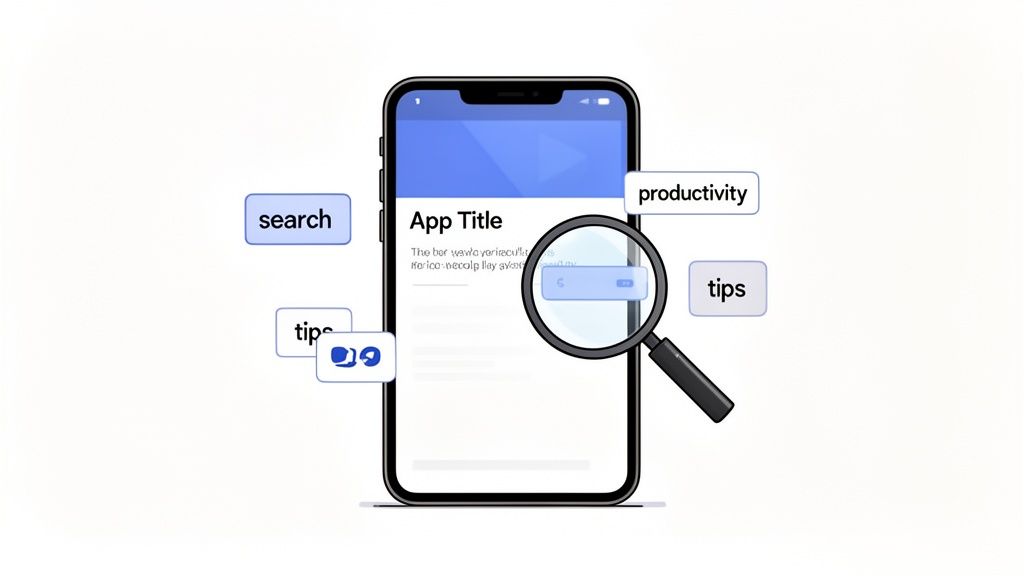 Smartphone displaying an app with a search bar, magnifying glass, and ASO-related tags like 'search', 'tips', 'productivity'.