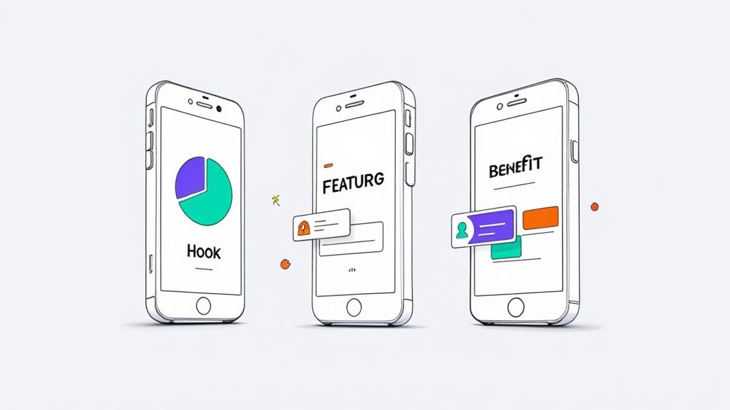 Three modern smartphones displaying 'Hook', 'FEATURG', and 'BENEFIT' concepts with colorful graphic elements.