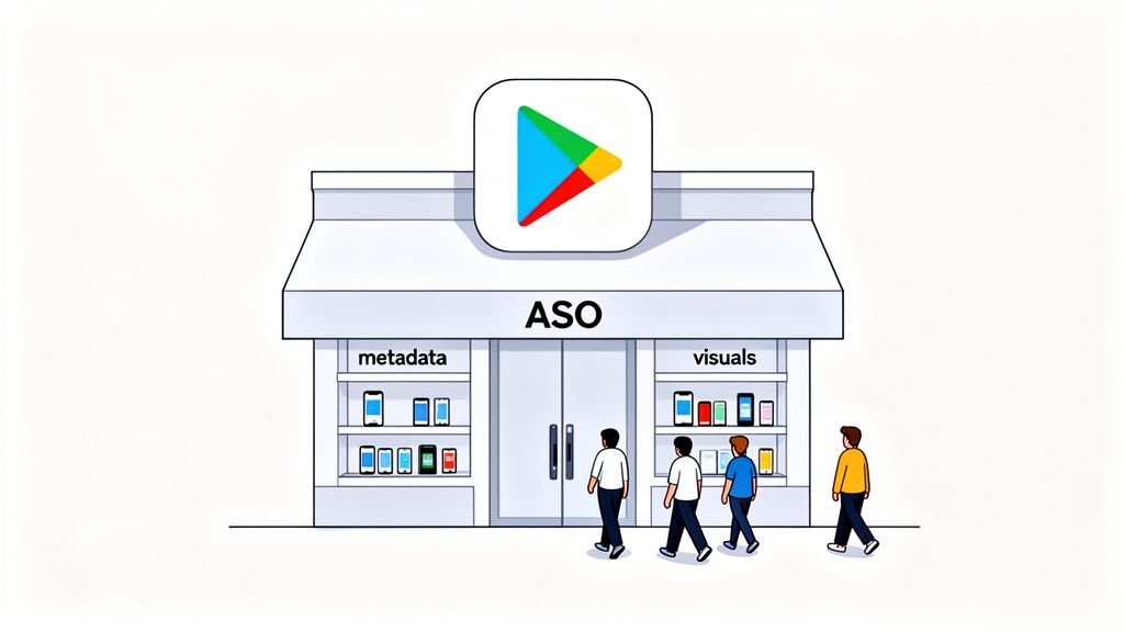 Illustration of an ASO store with Google Play logo, showing metadata and visuals, with people walking by.