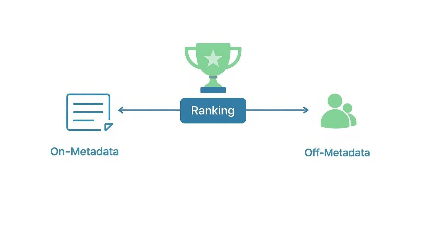 A detailed infographic illustrating the different ranking factors for Google Play, with icons for on-metadata (title, description) and off-metadata (ratings, downloads).