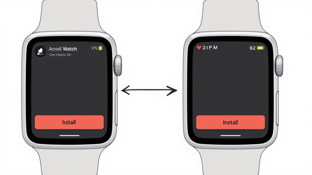 Directional rings and bold overlay in an apple watch mockup