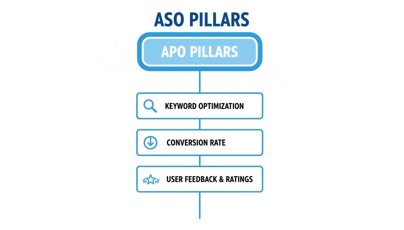 A flowchart showing ASO pillars: APO pillars, keyword optimization, conversion rate, user feedback, and ratings.