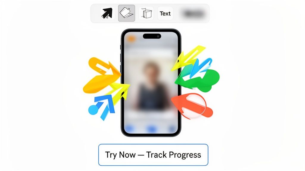 A smartphone displaying a blurred person, surrounded by colorful arrows, with a 'Track Progress' button.