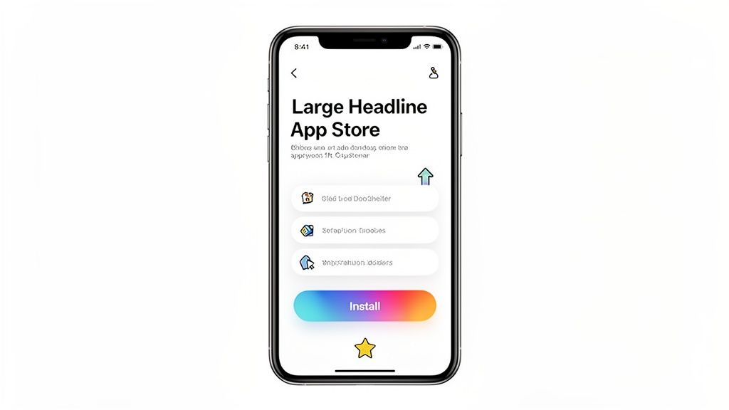iPhone mockup displaying an app store interface with a large headline and a colorful install button.