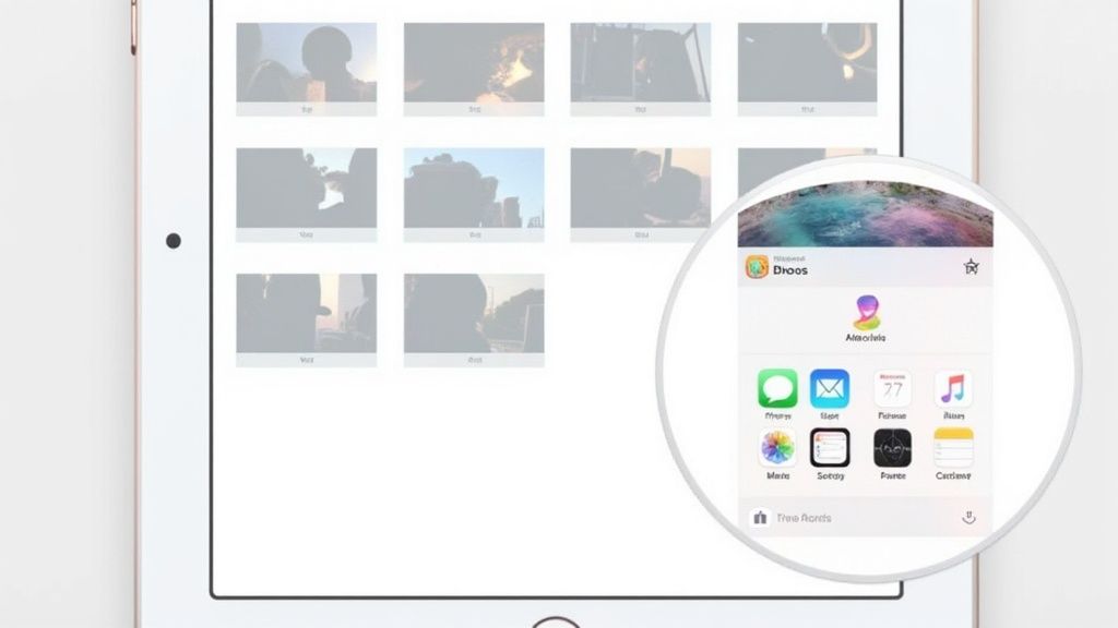 Person using an iPad to view colorful images, representing finding finding screenshots in the Photos app