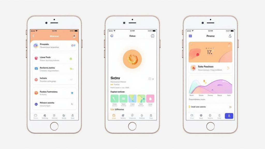A design editor interface showing a mobile app screen with colorful graphics and UI elements.