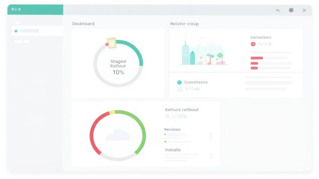 A clean dashboard displaying various app release metrics, including rollout progress, cancellations, reviews, and installs.