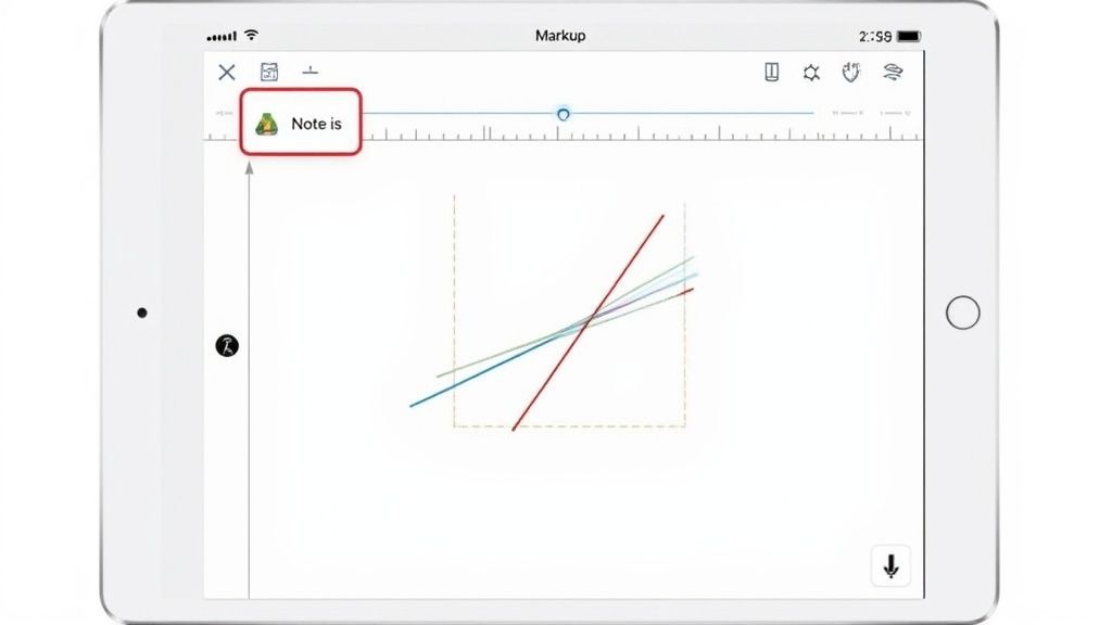 An iPad screen displaying a markup application with a graph and a highlighted 'Note is' button.