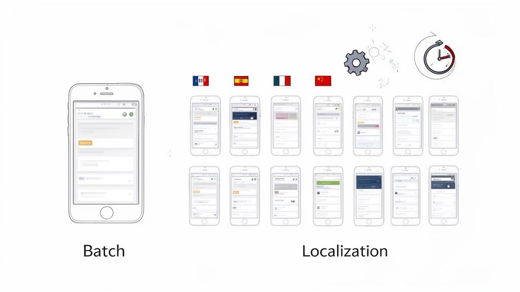 iPhone mockups demonstrate a batch processing form and multiple localized app versions for different countries and languages.