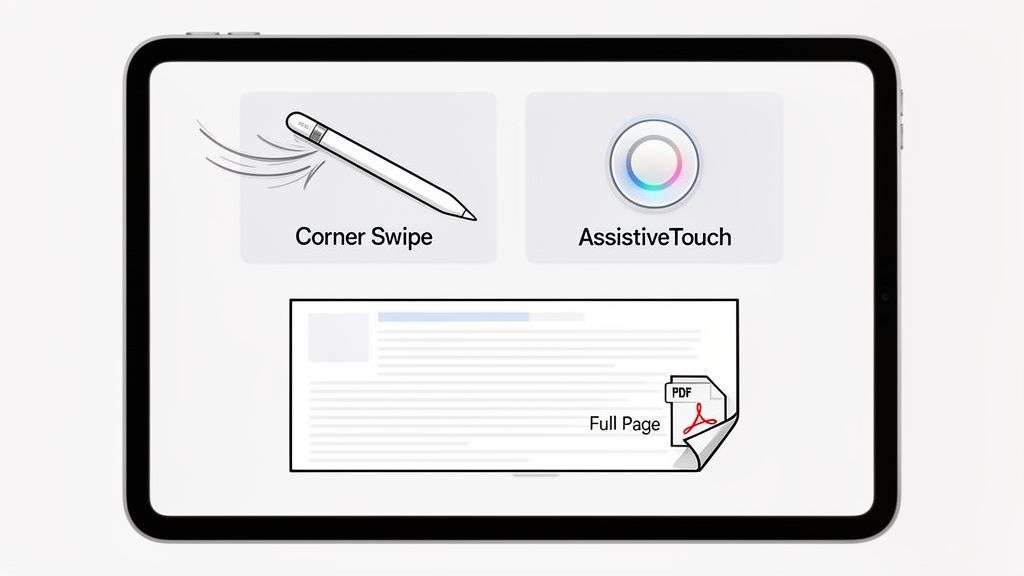 An iPad demonstrating Corner Swipe for screenshots, AssistiveTouch, and full-page PDF capture options.