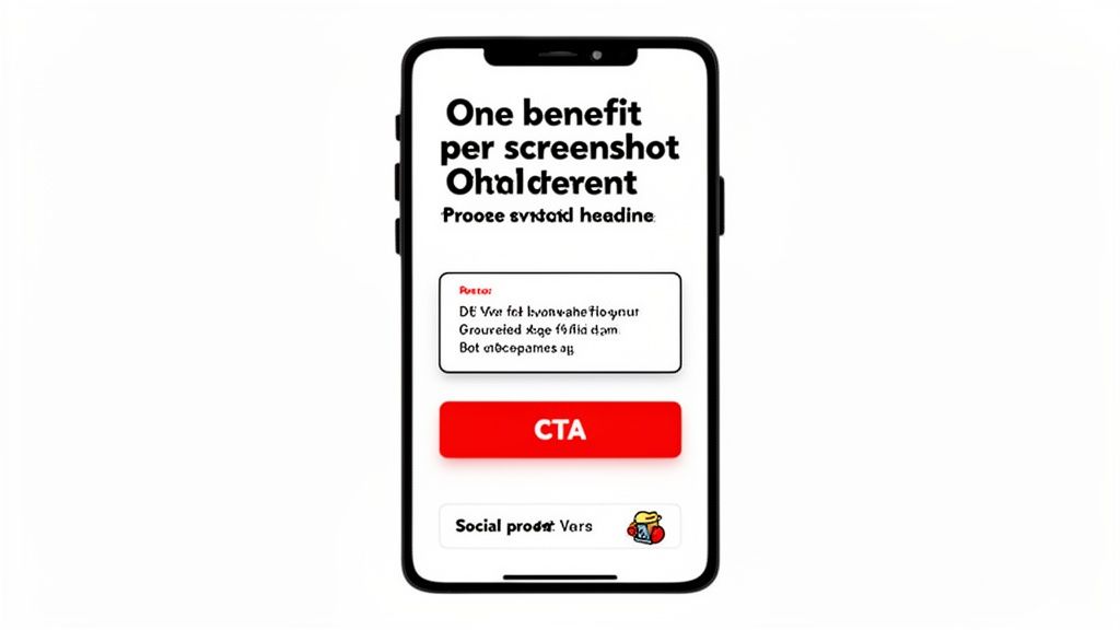 A smartphone displays a mobile app screen with a main headline, a text box, and a red CTA button.