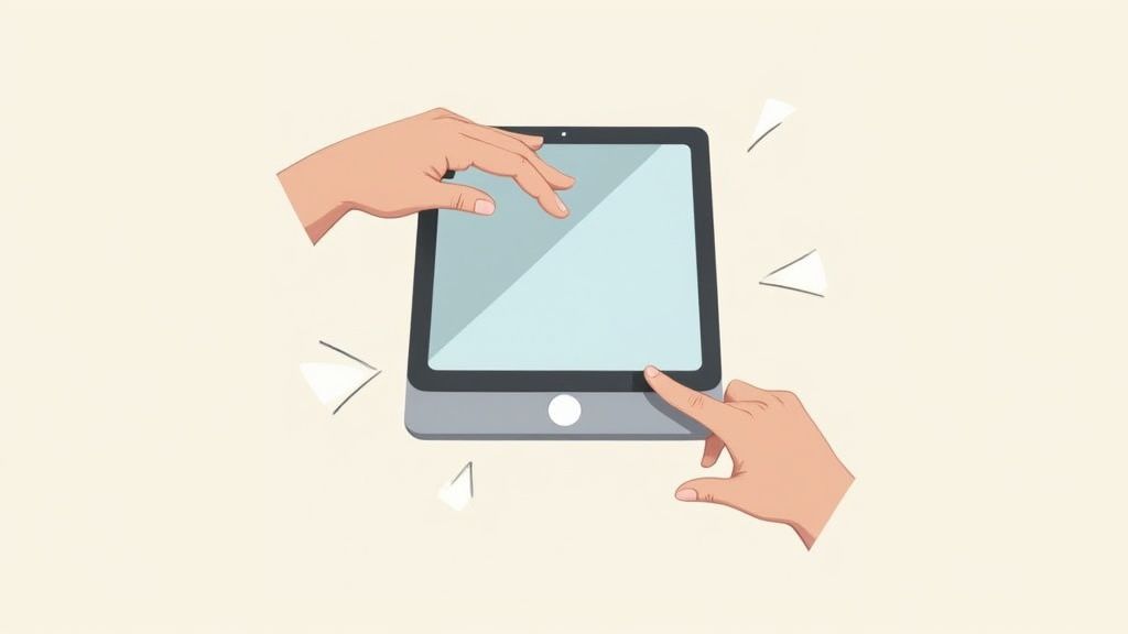 An iPad with a home button, showing the top button and home button highlighted for screenshotting.