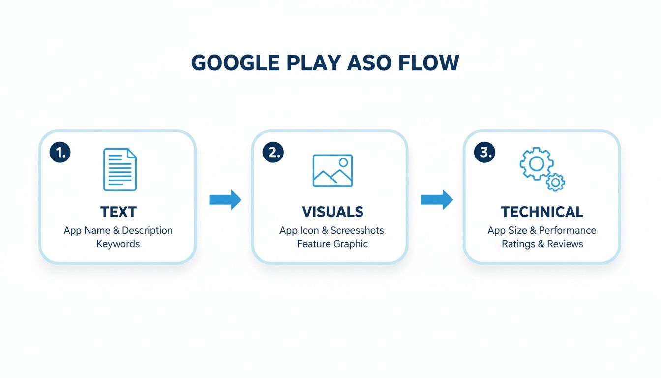 A diagram illustrating the Google Play A-SO flow, detailing text, visuals, and technical components.