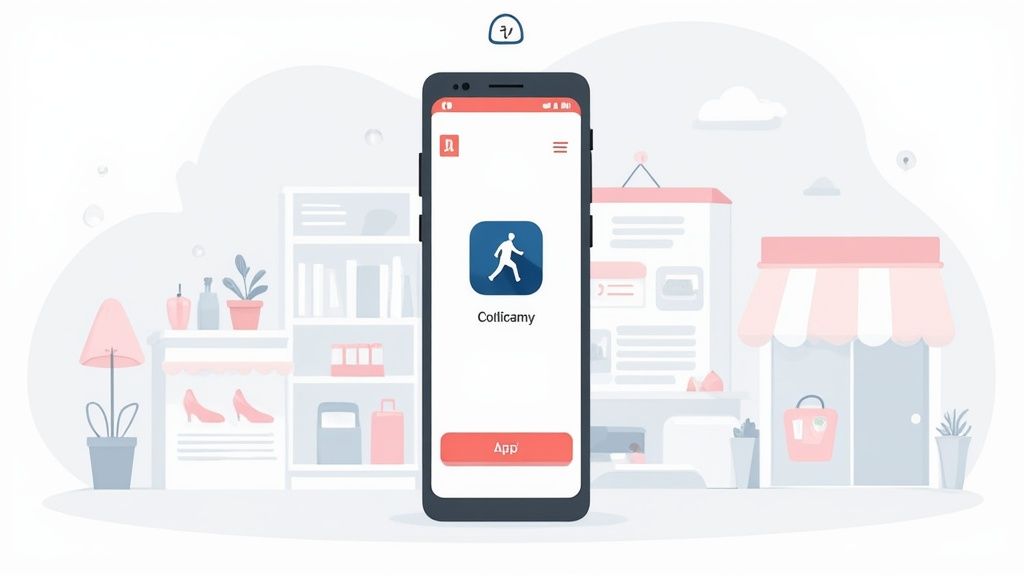 A smartphone displaying the 'Cotlicamy' app with a walking person icon, surrounded by illustrations of a home and a shop.