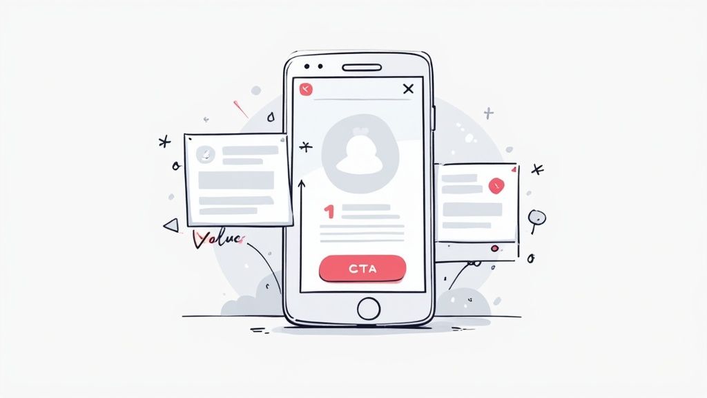 Hand-drawn illustration of a smartphone displaying a mobile app UI with a user profile and CTA button.