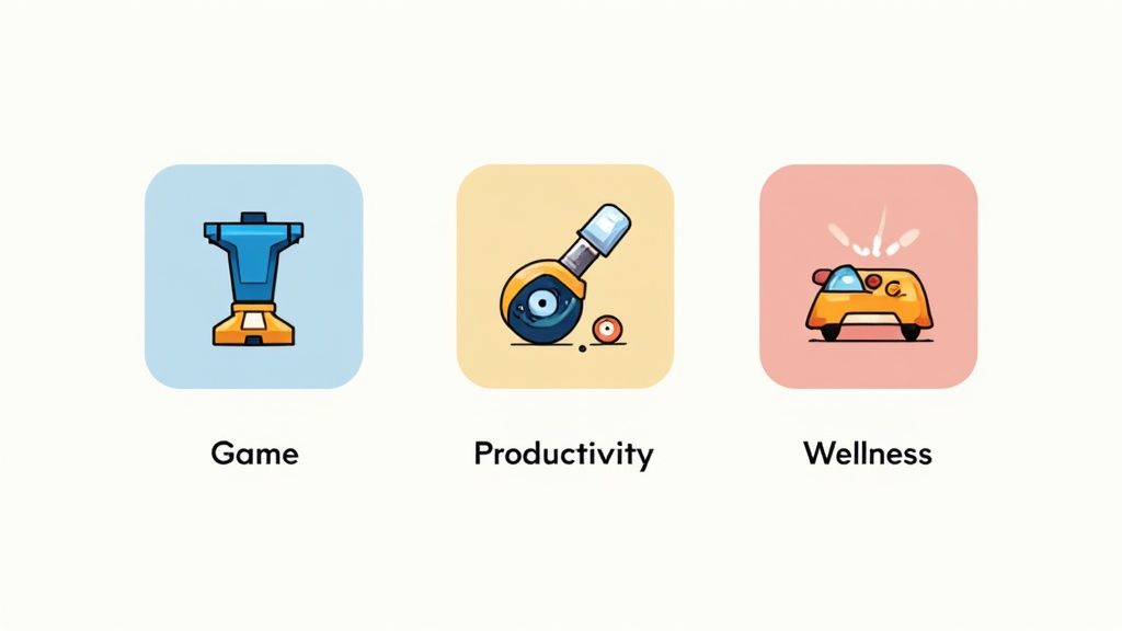 Three app category icons showing Game, Productivity, and Wellness with colorful illustrations on rounded squares