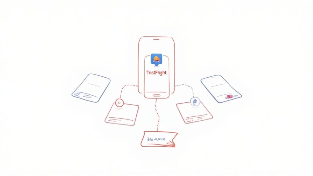 Illustration of TestFlight app on a central smartphone connected to other mobile devices and documents.