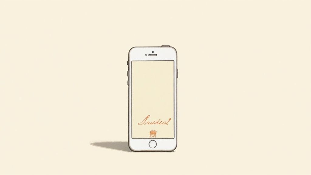 A white smartphone mockup displays a cream screen with handwritten text 'Inside of' and an icon.