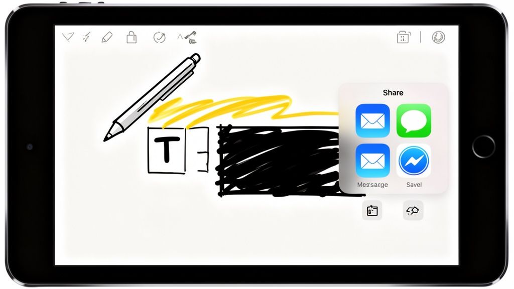 A black iPad shows a drawing app with a pen illustration, a text box, and an open share menu displaying app icons.