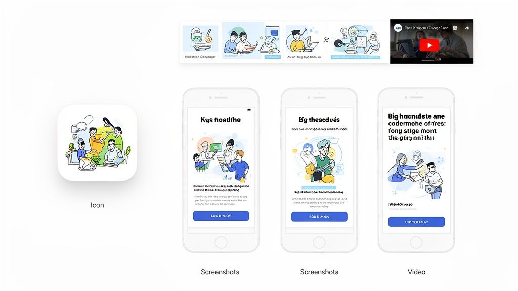 App Store listing with an icon, three mobile app screenshots, and a video thumbnail, all featuring tech-themed illustrations.