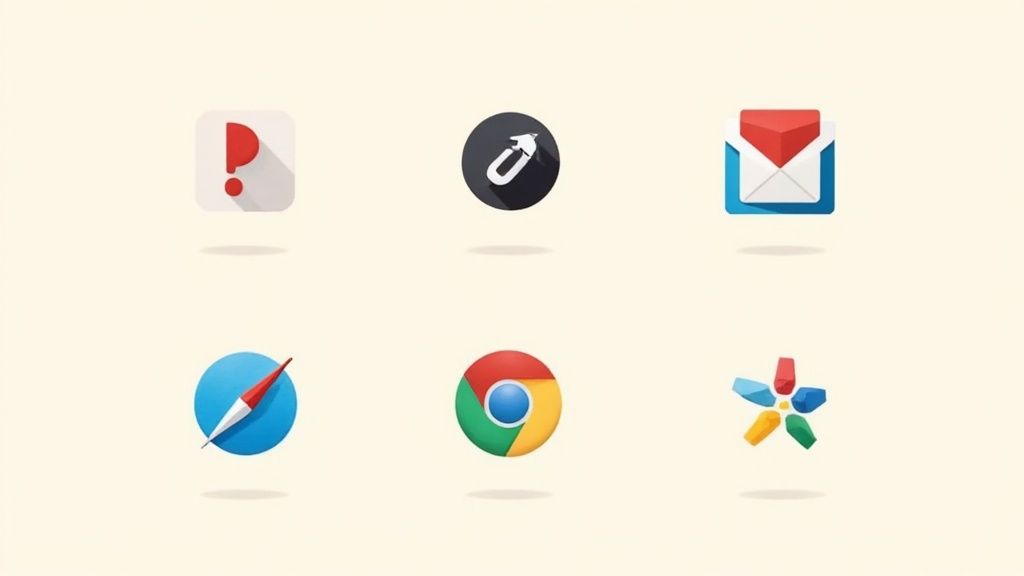 Six vibrant, minimalistic app icons featuring a red exclamation mark, link, email, compass, Chrome, and colorful star.