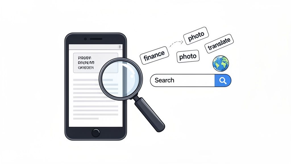 A smartphone, magnifying glass, and search bar with words 'finance', 'photo', 'translate' suggesting app functionalities.
