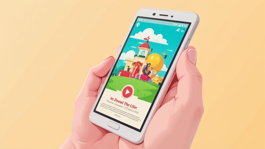 Hand holding smartphone displaying colorful animated feature graphic with play button on screen