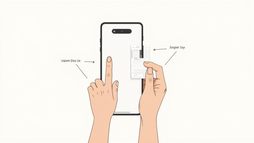 A person holding a Google Pixel phone, demonstrating how to take a screenshot.