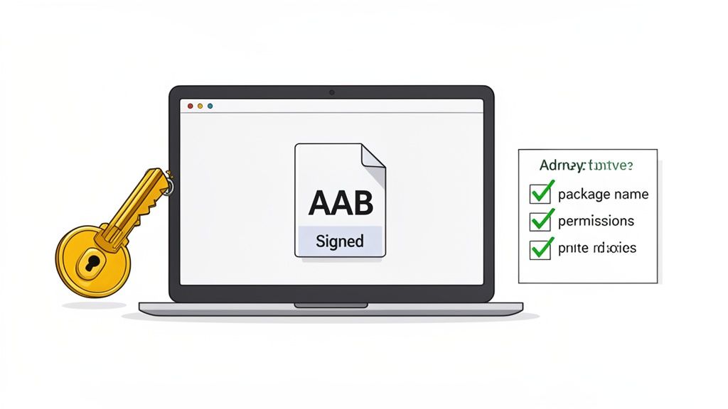 A laptop screen displays a signed AAB file, secured by a golden key, with a publishing checklist.