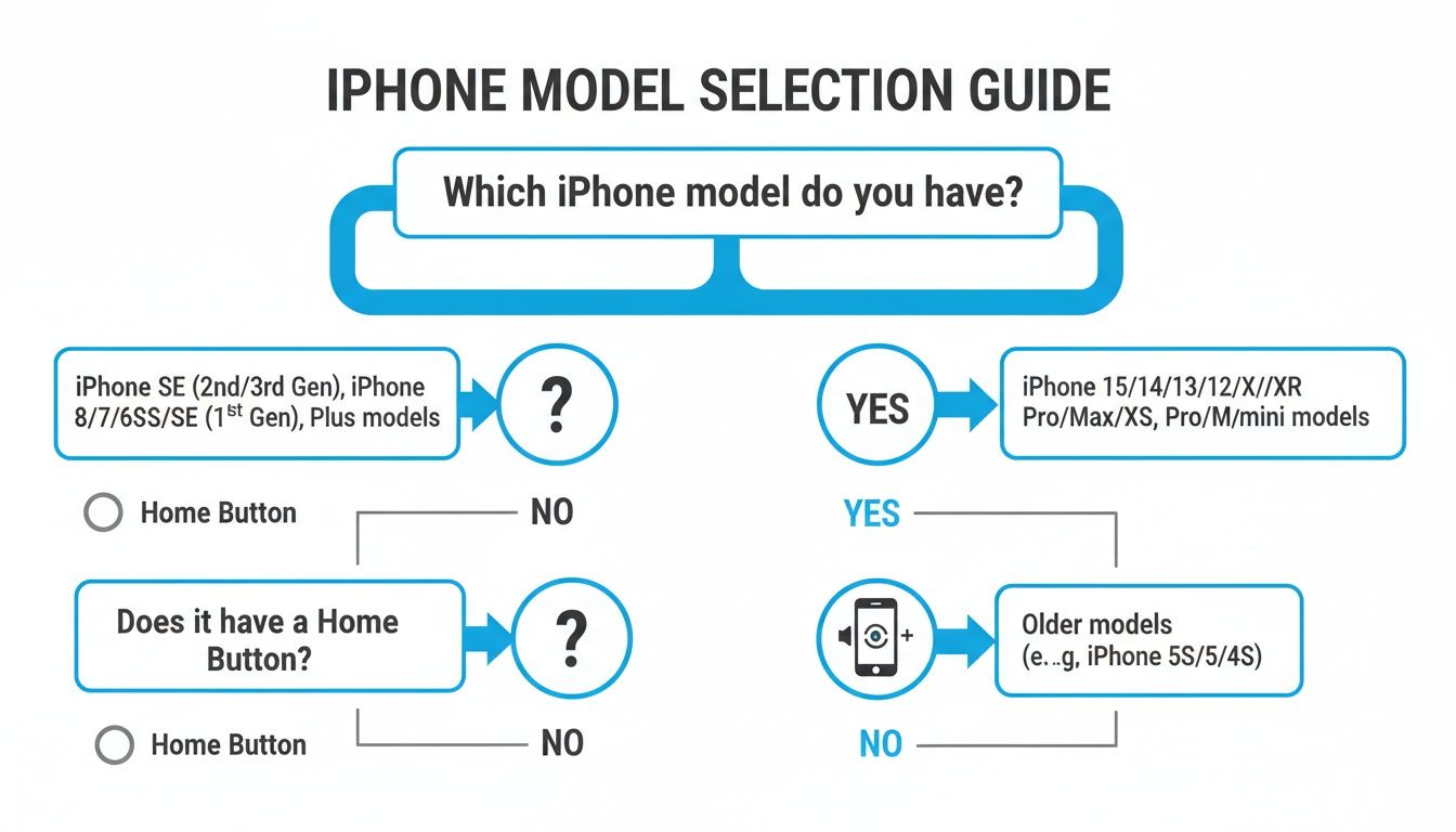 A flow chart guiding users to select their iPhone model based on the presence of a Home Button.