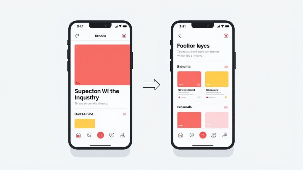 Two iPhone screens comparing mobile app interfaces, featuring colorful cards, text content, and navigation icons.