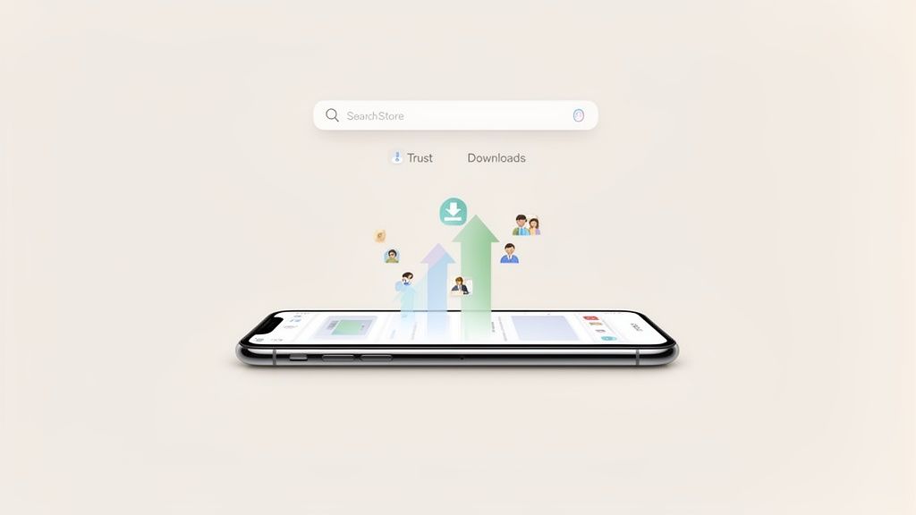 A smartphone displaying a search bar, trust, downloads, with upward arrows and user icons.