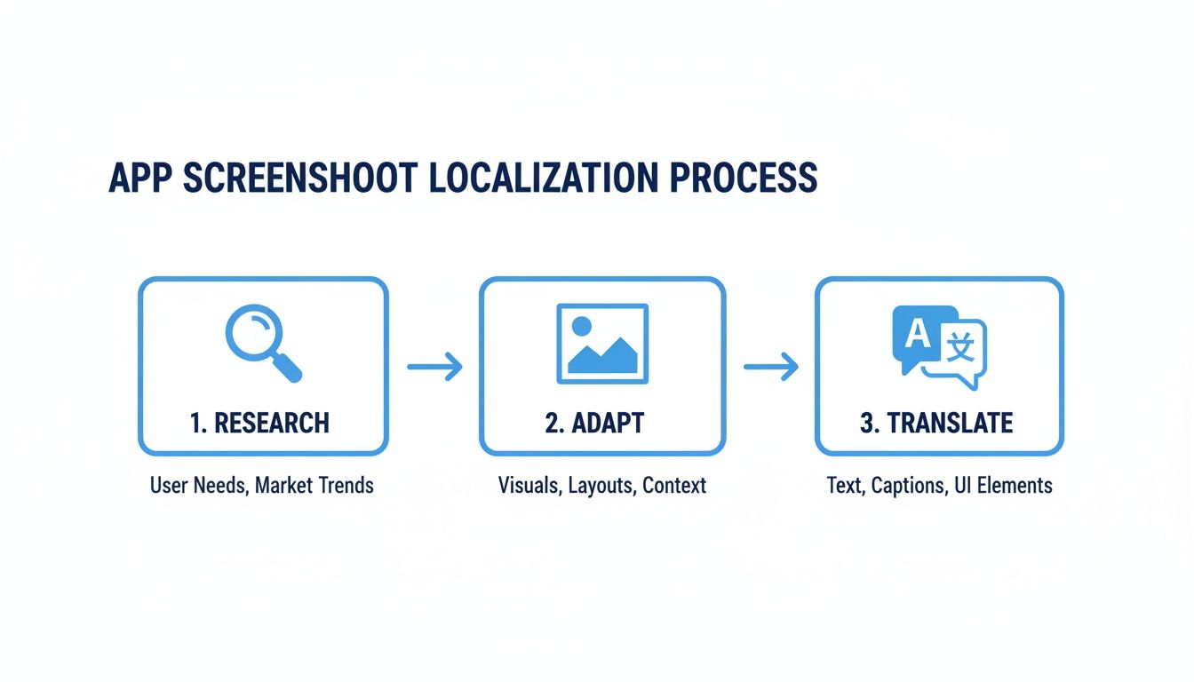 Infographic outlining the app screenshot localization process: research user needs, adapt visuals, and translate text.