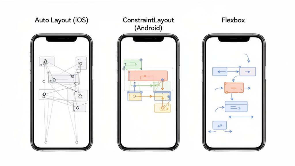 Three phone screens illustrating iOS Auto Layout, Android ConstraintLayout, and Flexbox for mobile UI.