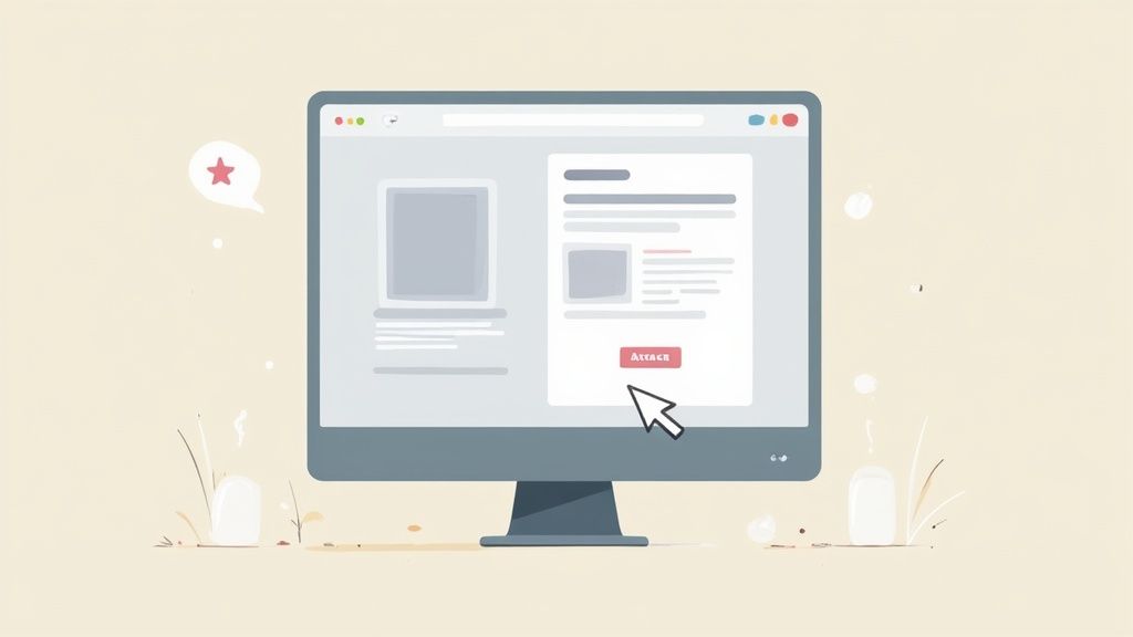 A computer monitor displays a webpage with a mouse cursor pointing to an 'ATTACH' button, ready to upload.