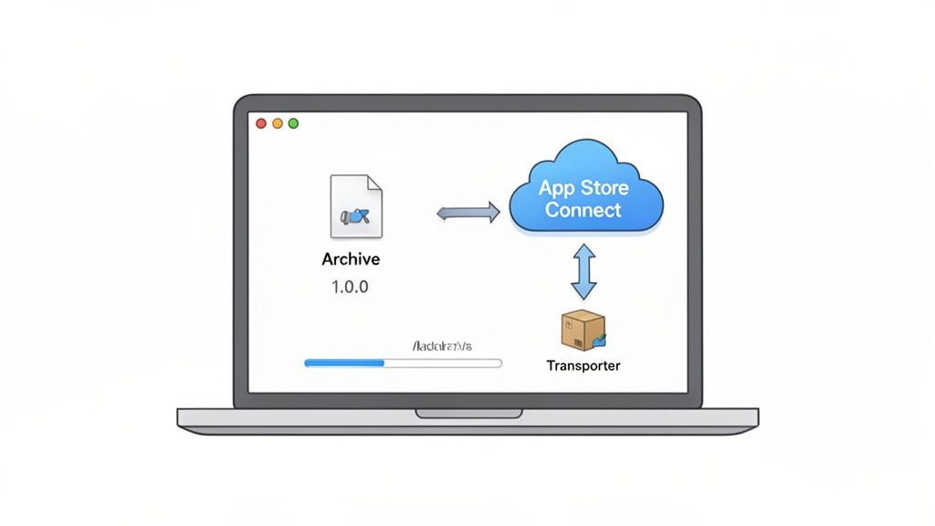 Diagram on a laptop screen showing app archive submission to App Store Connect via Transporter.