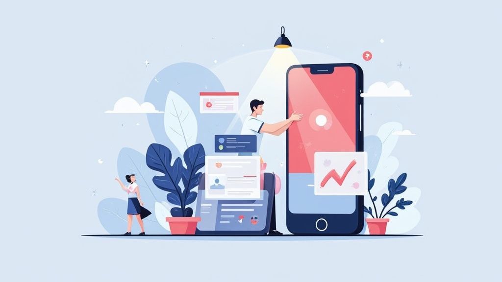 Illustration of a man interacting with a large smartphone, surrounded by app UI elements.