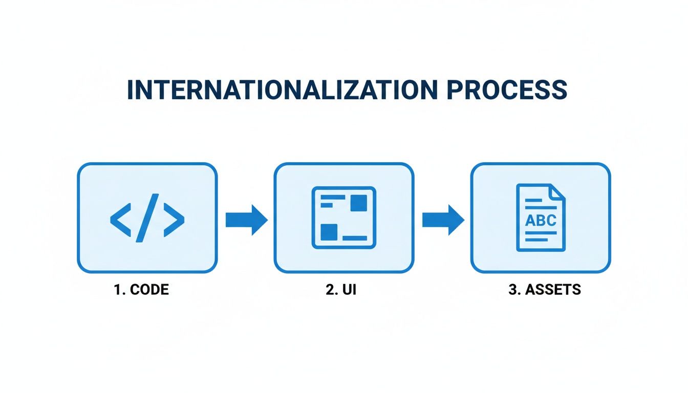 Flowchart detailing the internationalization process, moving from code to UI and then to assets.