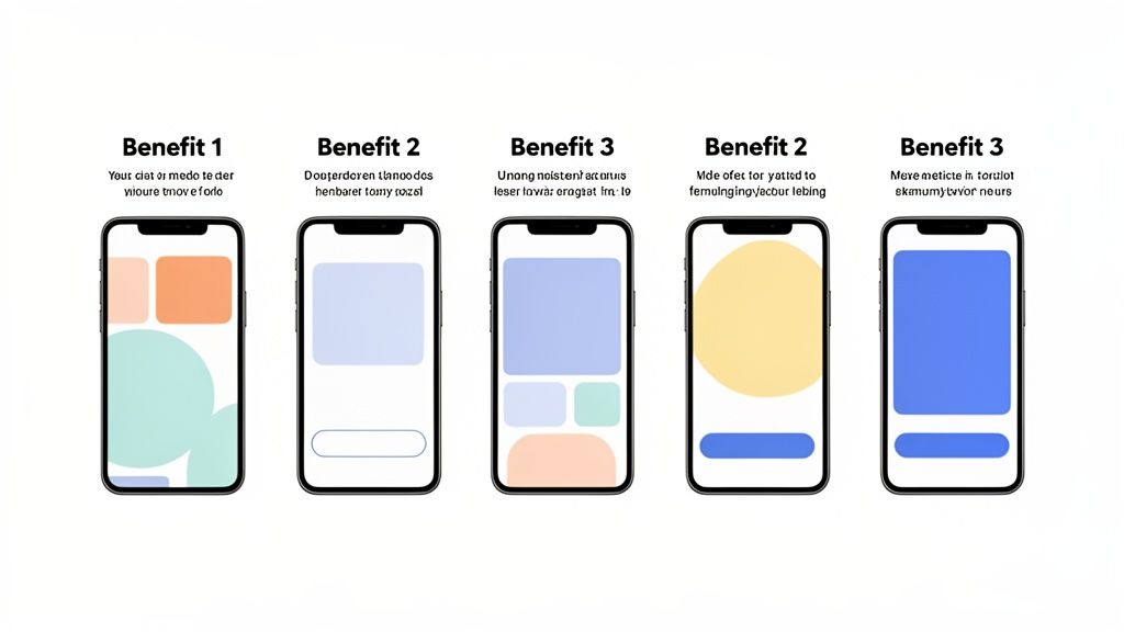 Five smartphones showcase different abstract UI designs with 'Benefit' titles, illustrating mobile app features.