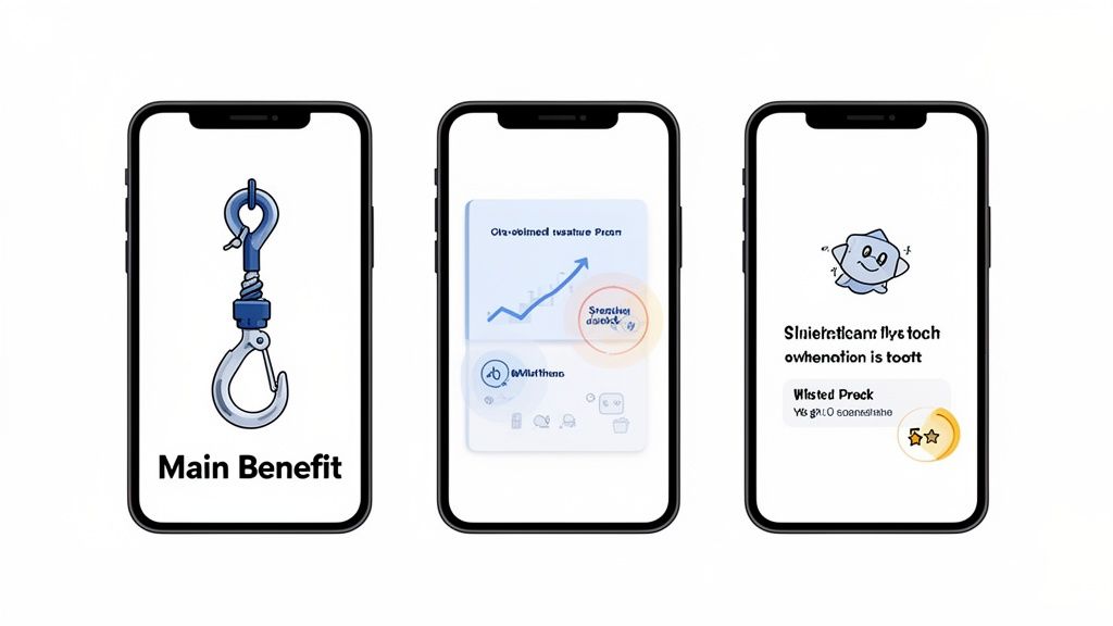 Three smartphones display various app screens, featuring a hook for benefits, a growth chart, and a reward system.