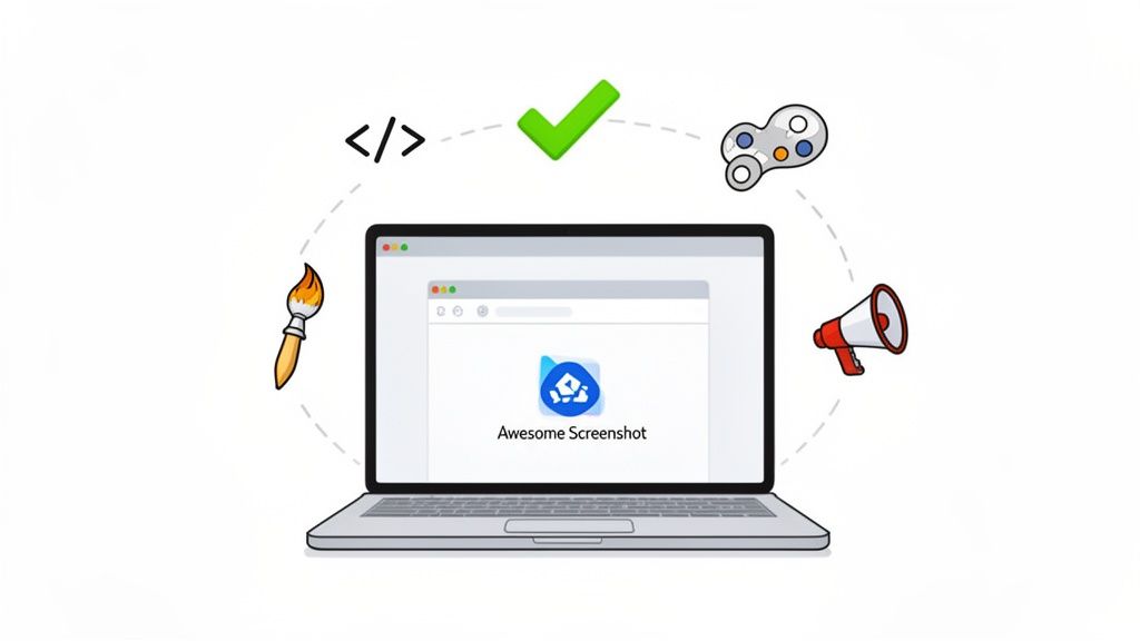 A laptop displays the 'Awesome Screenshot' app, surrounded by icons for design, code, gaming, and marketing.