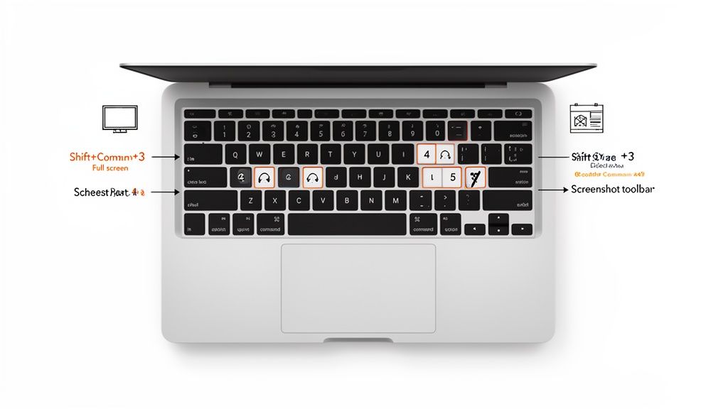 A top-down view of a MacBook keyboard highlighting shortcuts for taking full-screen, partial, and toolbar screenshots.