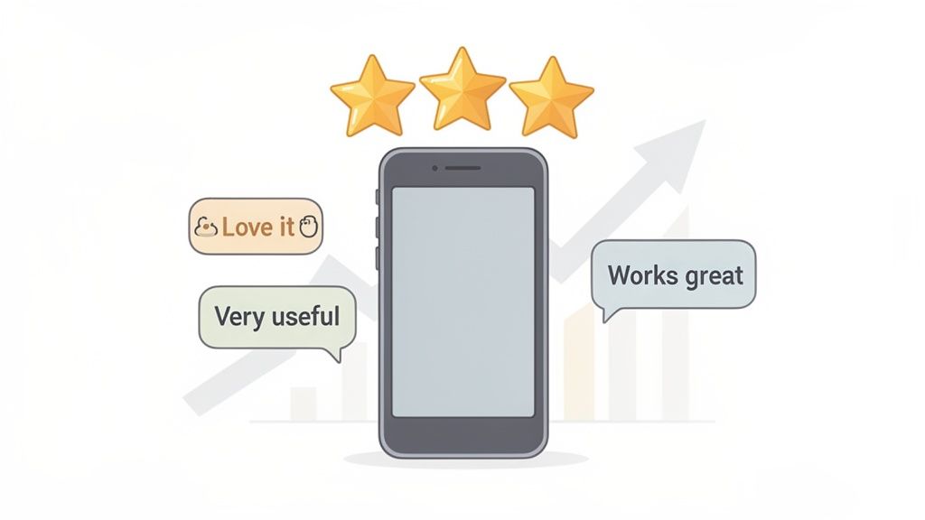 Smartphone displaying a blank screen with three golden stars above it, surrounded by positive user reviews like 'Love it', 'Very useful', and 'Works great', indicating strong app performance and customer satisfaction.
