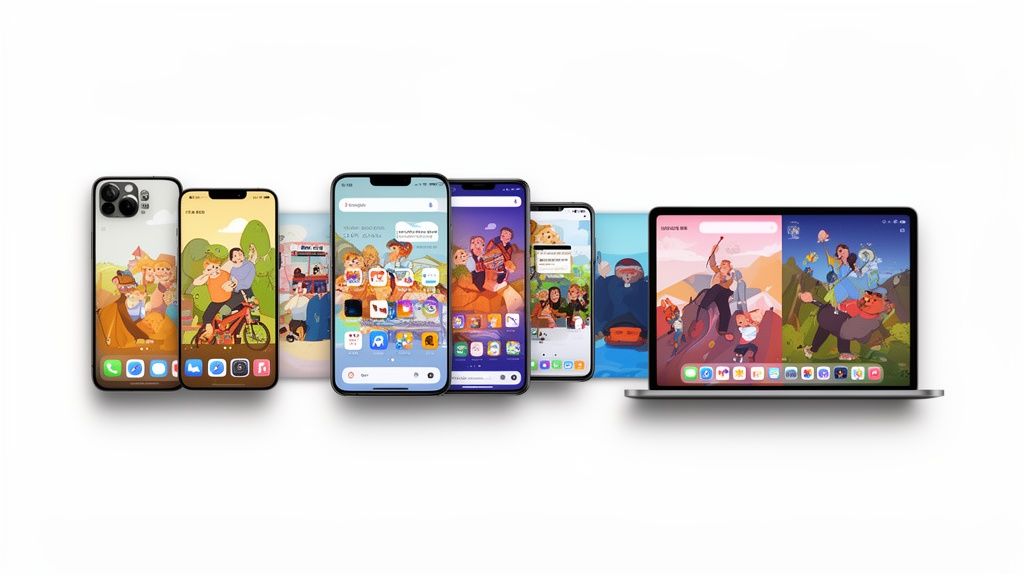 Multiple smartphones and a laptop showcasing vibrant, cartoon-themed app interfaces and wallpapers on white.