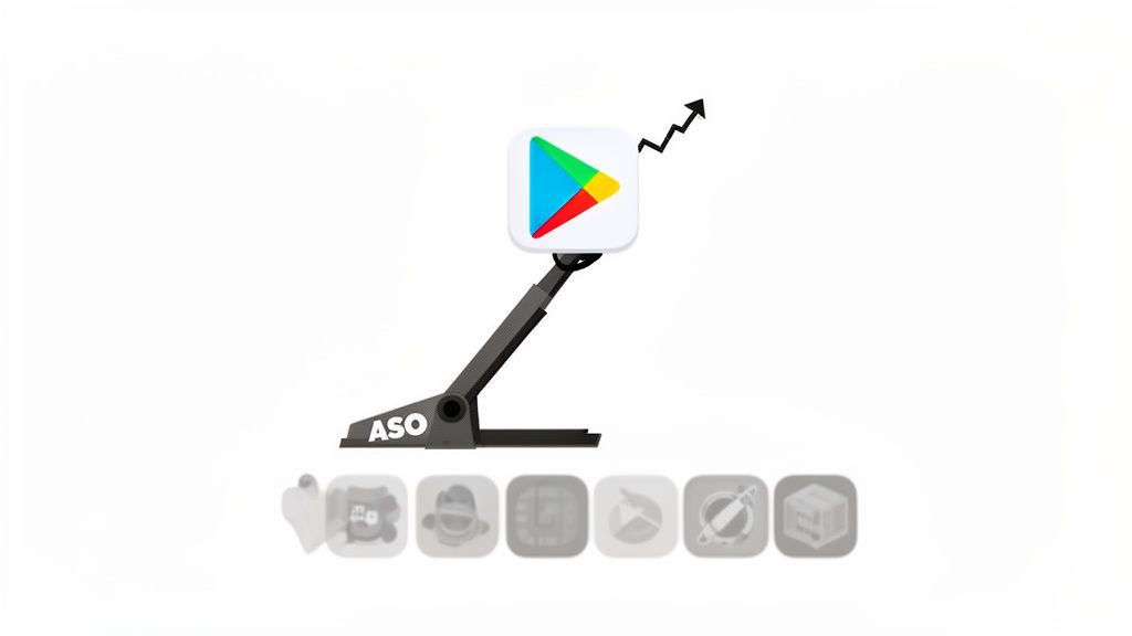 Google Play Store icon on an ASO branded catapult, with an upward trend arrow, symbolizing app growth.